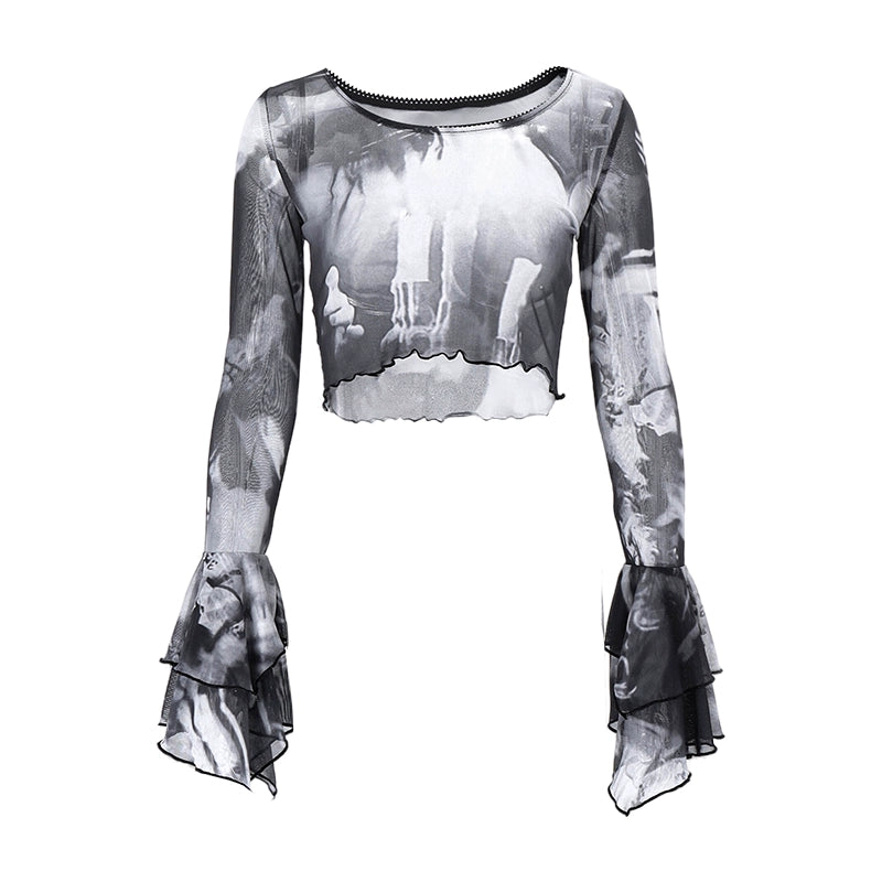 round Neck Printed Tie-Dye Top Well-Designed Slim-Fit Mesh