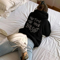 Thumbnail for No Time for Your Bullshit Women Hoodies Cotton Loose Vintage Graphic Hoody Y2k Back Printed Unisex Black Pullovers O Neck