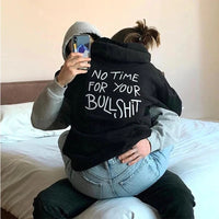 Thumbnail for No Time for Your Bullshit Women Hoodies Cotton Loose Vintage Graphic Hoody Y2k Back Printed Unisex Black Pullovers O Neck