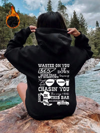 Thumbnail for New versatile black letter print solid color women's hooded sports shirt street  outdoor casual loose and breathable pullover14