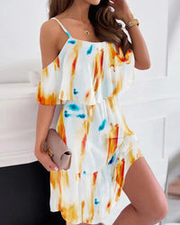 Thumbnail for Flower Printed Dress Summer V-neck Stitching Off-the-shoulder Strap Dress