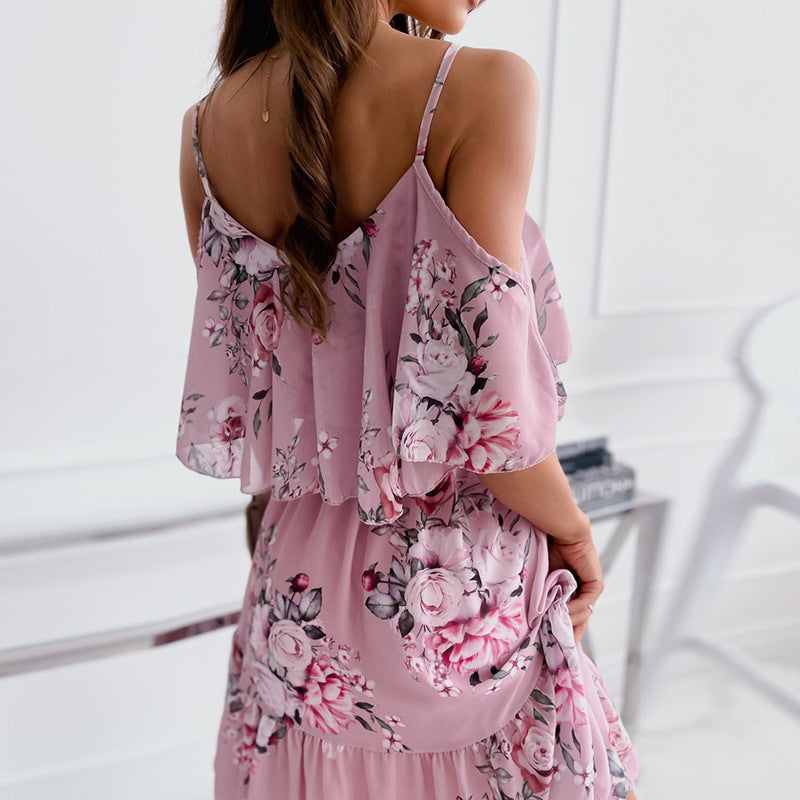 Flower Printed Dress Summer V-neck Stitching Off-the-shoulder Strap Dress