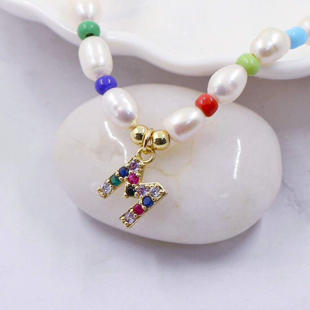 2020 New Natural Pearl Letter Choker Necklace/Bracelet Women Baroque Pearl Initial 26 Alphabet Name Pendant Rainbow Jewelry Gift