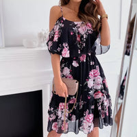 Thumbnail for Flower Printed Dress Summer V-neck Stitching Off-the-shoulder Strap Dress