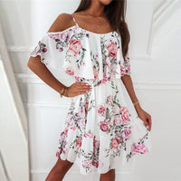 Thumbnail for Flower Printed Dress Summer V-neck Stitching Off-the-shoulder Strap Dress