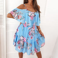 Thumbnail for Flower Printed Dress Summer V-neck Stitching Off-the-shoulder Strap Dress