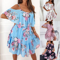 Thumbnail for Flower Printed Dress Summer V-neck Stitching Off-the-shoulder Strap Dress