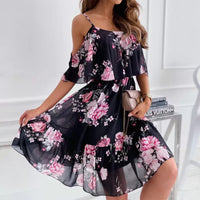 Thumbnail for Flower Printed Dress Summer V-neck Stitching Off-the-shoulder Strap Dress